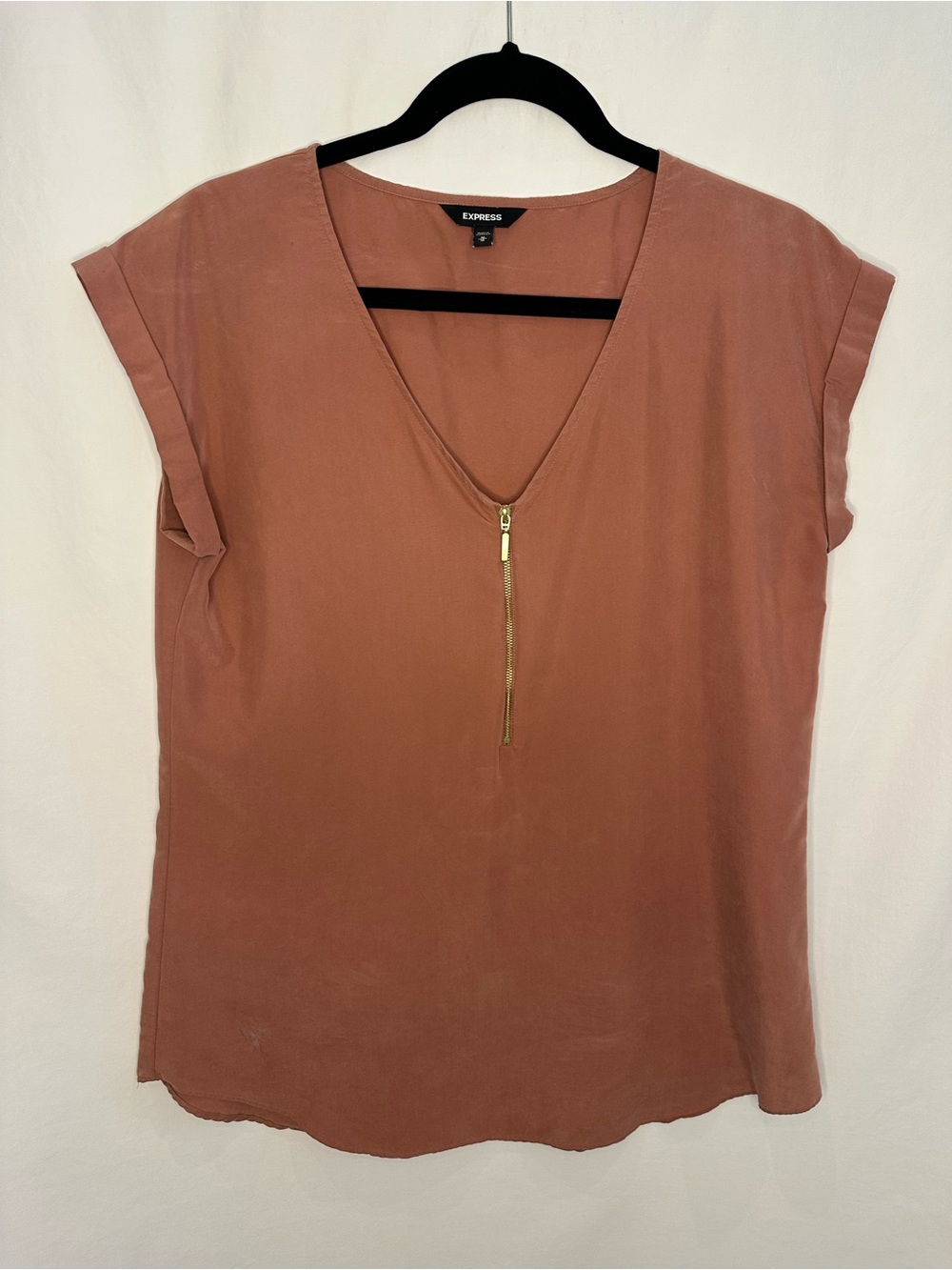 Express Rust Short Sleeve V-Neck Top with Gold Zip